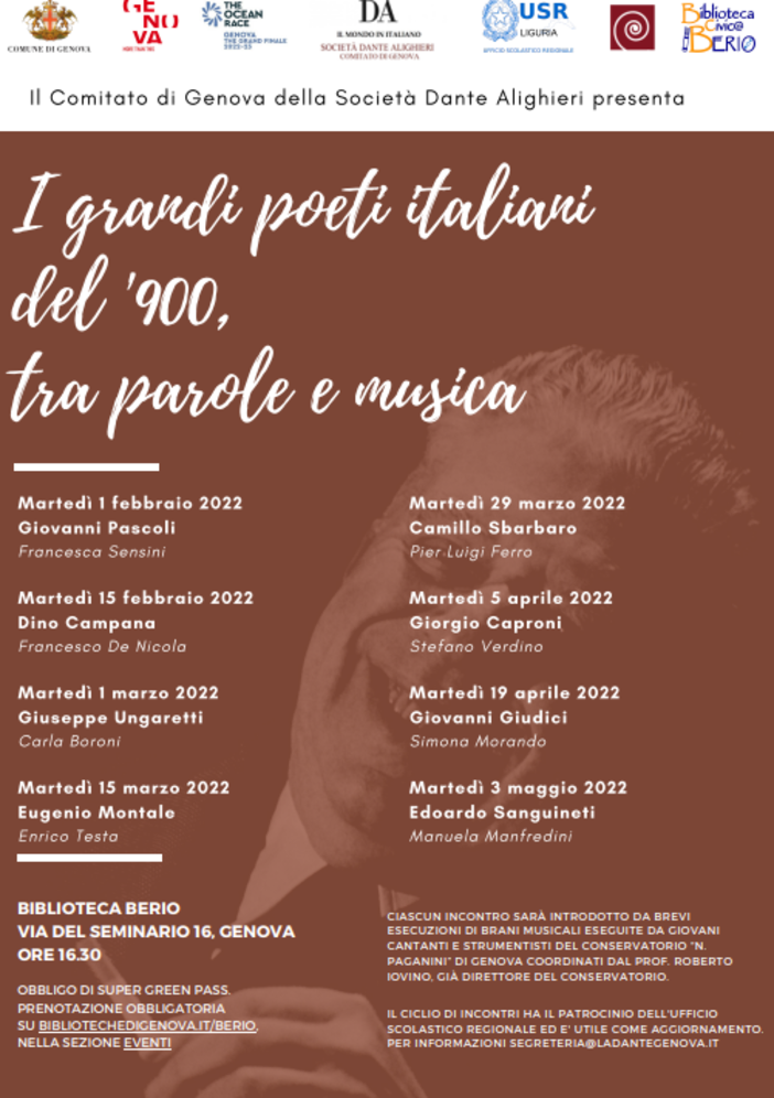 'I grandi poeti italiani del '900, tra parole e musica': tutto pronto per la serie di eventi a Genova