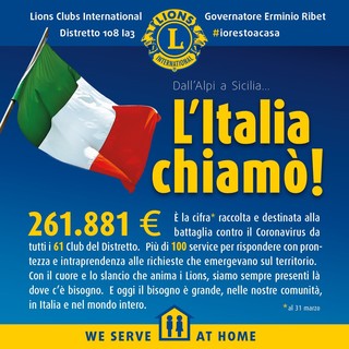 Il Distretto Lions 108Ia3 ha attivato una speciale raccolta fondi per fronteggiare l'emergenza Coronavirus