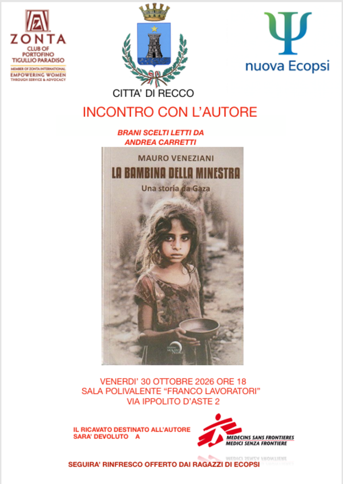 Recco, nella sala Franco Lavoratori la presentazione del libro "La bambina della minestra"