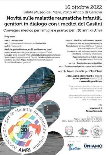 Genova ospita il Convegno medico per famiglie sulle Malattie Reumatiche Infantili in occasione dei 30 anni di Amri