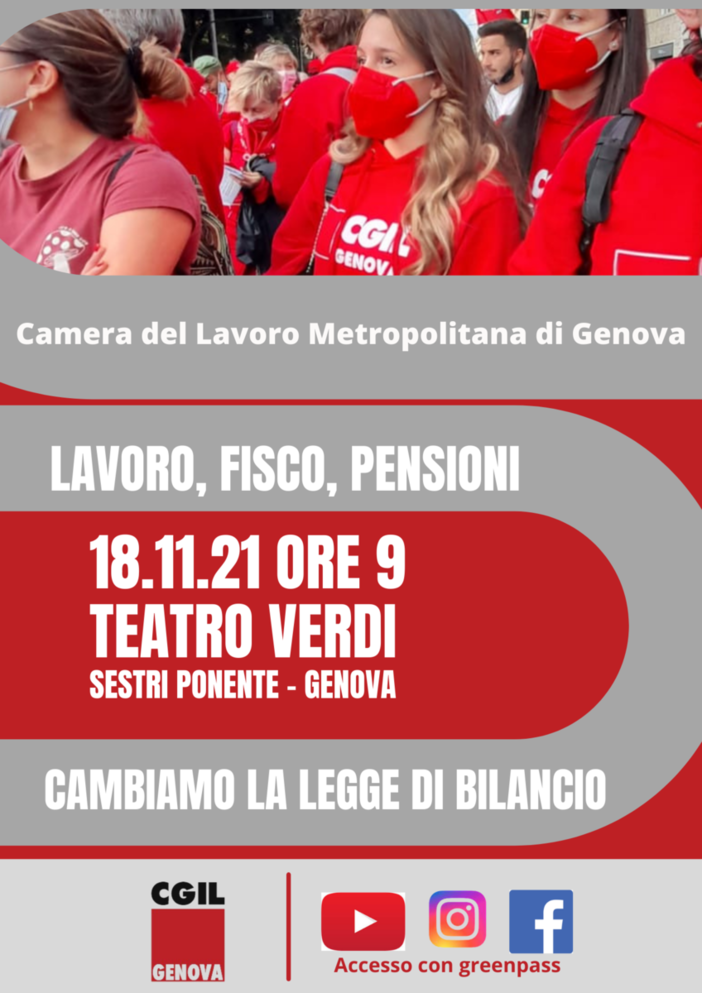 Teatro Verdi, Genova: giovedì 18 novembre &quot;Lavoro, fisco, pensioni: cambiare la Legge di Bilancio&quot;