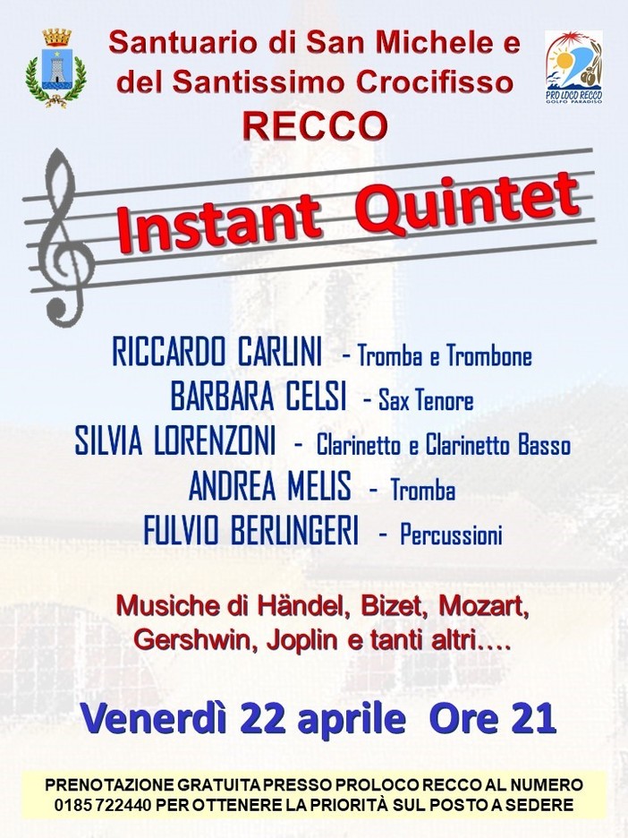Recco, al santuario di San Michele il concerto del quintetto 'Instant Quintet"