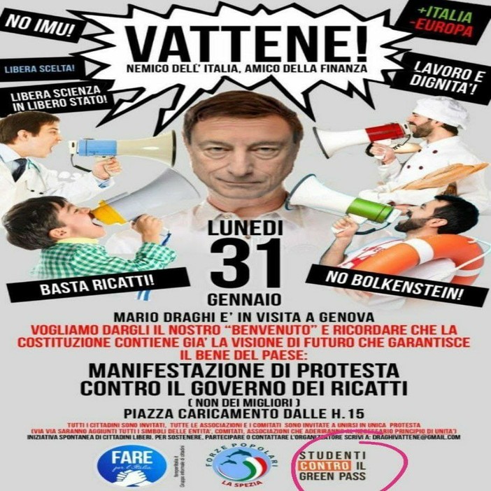 Il 31 gennaio la visita di Draghi a Genova, e i no vax organizzano una manifestazione: &quot;Vattene amico della finanza&quot;