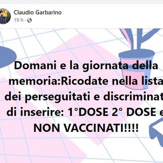 Nel Giorno della Memoria, il consigliere Garbarino paragona gli ebrei ai non vaccinati