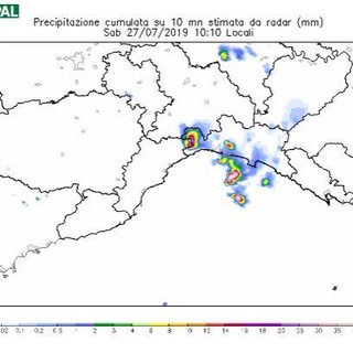 Nell'immagini la mappa delle fulminazioni e lo scatto radar delle 10.10.