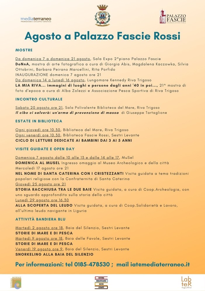 Tutte le iniziative a cura di Palazzo Fascie in programma per il mese di agosto Tutte le iniziative a cura di Palazzo Fascie in programma per il mese di agosto