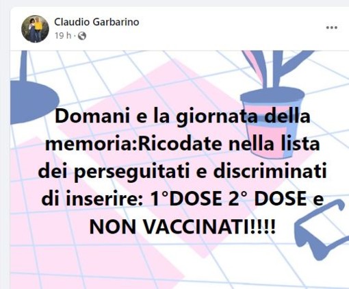 Nel Giorno della Memoria, il consigliere Garbarino paragona gli ebrei ai non vaccinati