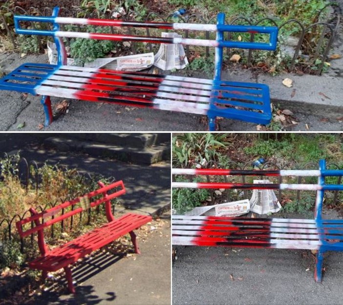 Sturla, imbrattata con i colori della Samp la panchina rossa contro la violenza sulle donne