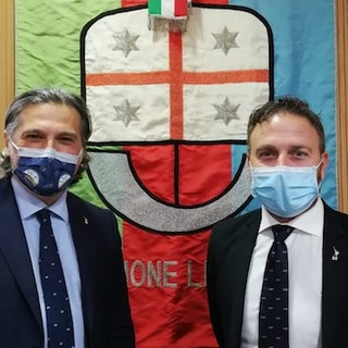 Lega, il capogruppo Stefano Mai e il nuovo vicepresidente e assessore regionale all'Agricoltura Alessandro Piana all'Assemblea legislativa della Liguria