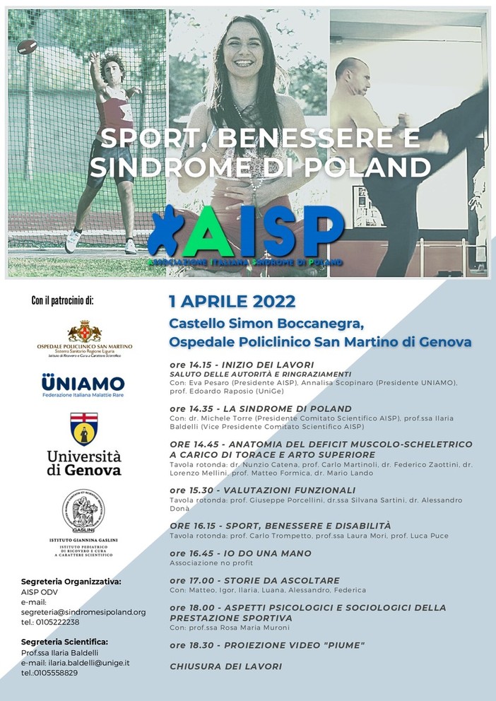 “Sport, Benessere e Sindrome di Poland”, il 1° aprile l'evento al Castello Simon Boccanegra “Sport, Benessere e Sindrome di Poland”, il 1° aprile l'evento al Castello Simon Boccanegra