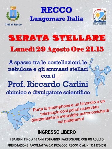 "Serata stellare - a passeggio nello spazio", incontro astronomico a Recco