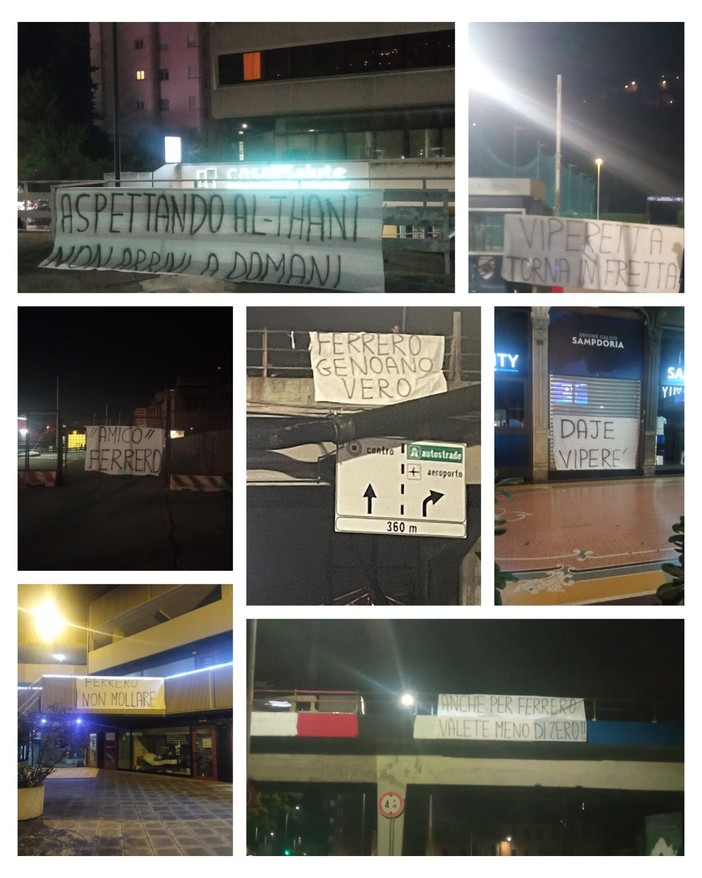 Gli striscioni ironici dei tifosi genoani apparsi nella notte (foto tratta da Facebook)