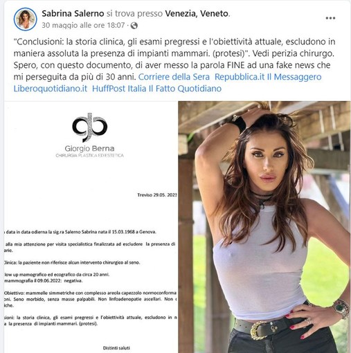 &quot;Il mio seno non è rifatto&quot;: Sabrina Salerno pubblica la perizia del chirurgo