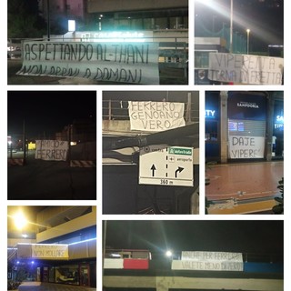 Gli striscioni ironici dei tifosi genoani apparsi nella notte (foto tratta da Facebook)