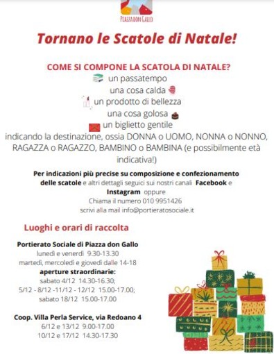 Torna la raccolta delle Scatole di Natale del Portierato Sociale di piazza Don Gallo