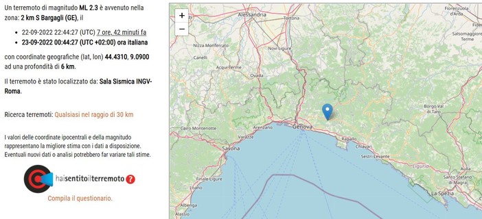Altre scosse di terremoto nel genovesato, la terra ha tremato a Bargagli e Davagna