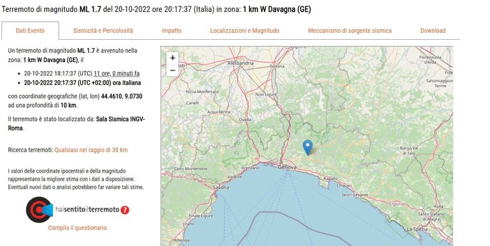 Terremoto, nuova scossa a Davagna dell'1.7 della scala Richter Terremoto, nuova scossa a Davagna dell'1.7 della scala Richter