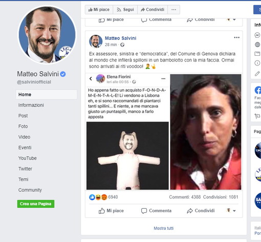 Salvini contro l'ex assessore Fiorini per un post ironico su Facebook Salvini contro l'ex assessore Fiorini per un post ironico su Facebook